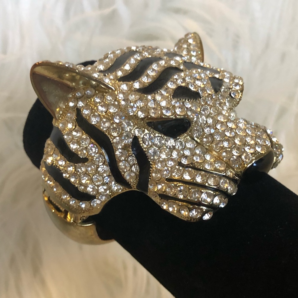 GOLD TONE RHINESTONE TIGER CUFF BRACELET